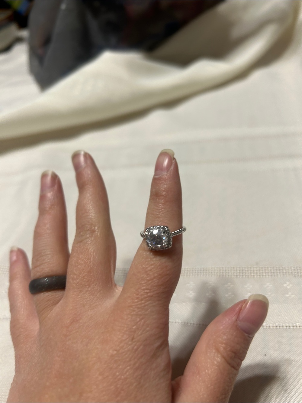Silver Cushion Halo Engagement Ring - White Cubic Zirconia